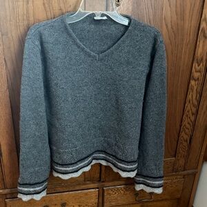 Gray V-Neck Sweater with Striped Hem